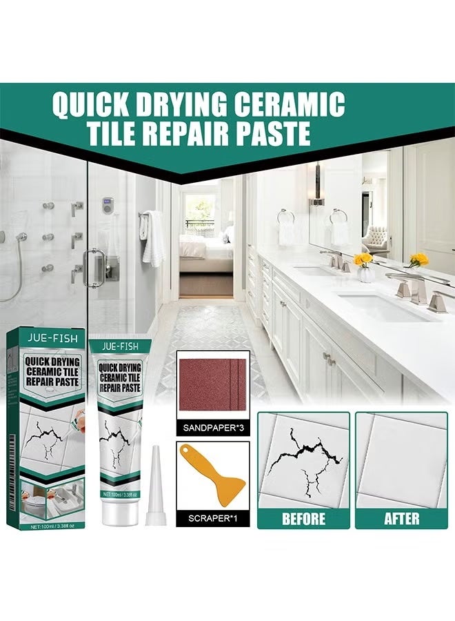 Ceramic Tile Repair Paste Quick Drying Waterproof Toilet Tub Repair Kit with 3 Sandpaper & 1Scraper, Bathtub Marble Furniture Toilet Crack Repair Tile Quick-Drying Adhesive to Renew, Repair & Refresh - Image 2