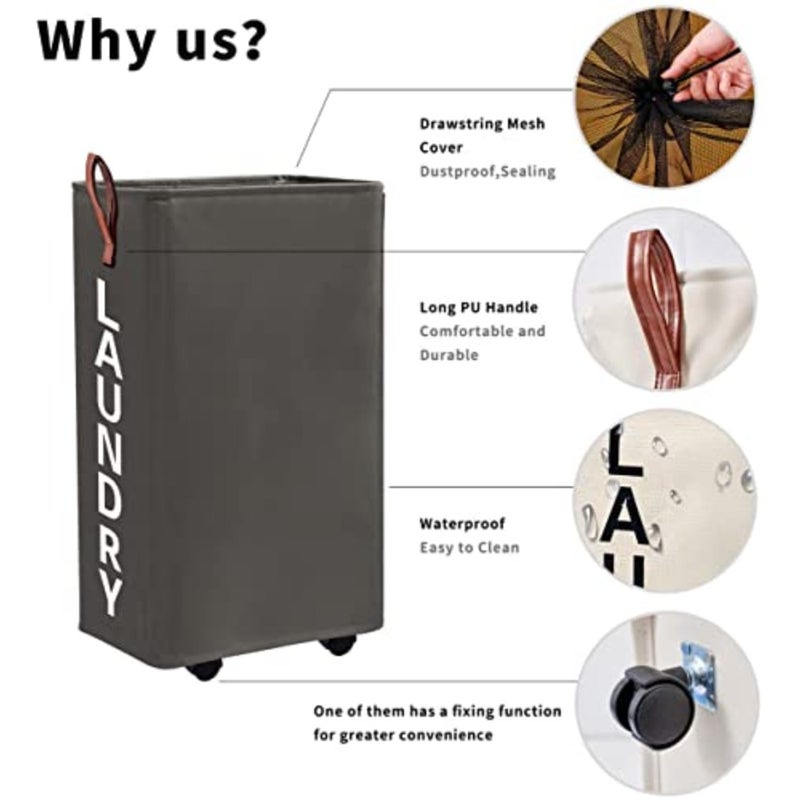 Laundry hamper for home use, polypropylene, gray, 70L large slim collapsible rolling design with 10-inch narrow width - Image 5