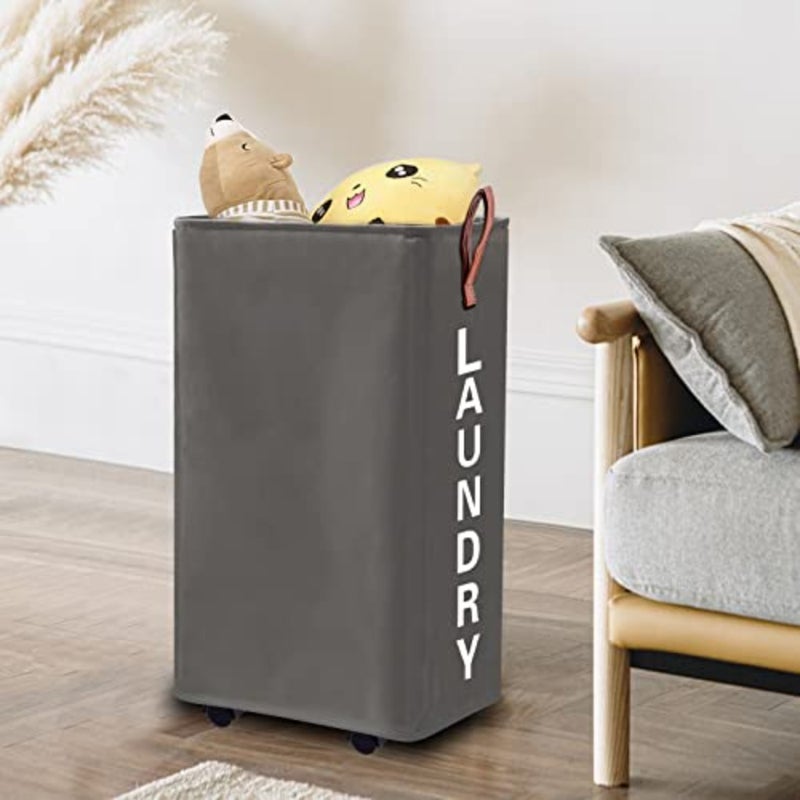 Laundry hamper for home use, polypropylene, gray, 70L large slim collapsible rolling design with 10-inch narrow width - Image 4