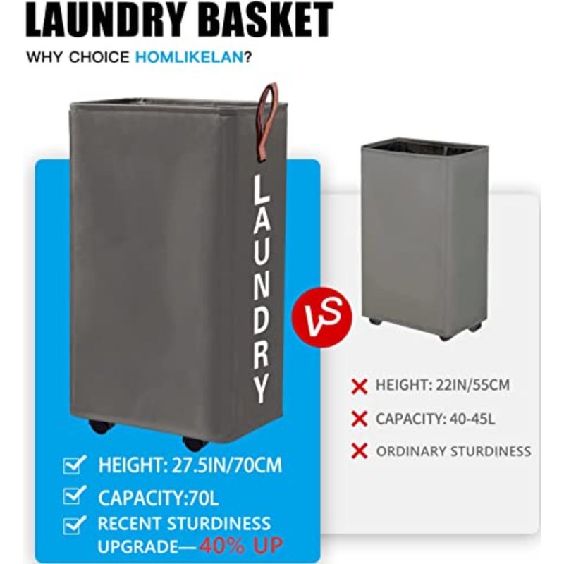 Laundry hamper for home use, polypropylene, gray, 70L large slim collapsible rolling design with 10-inch narrow width - Image 2
