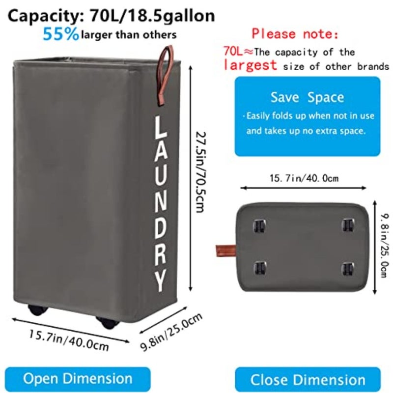 Laundry hamper for home use, polypropylene, gray, 70L large slim collapsible rolling design with 10-inch narrow width - Image 3