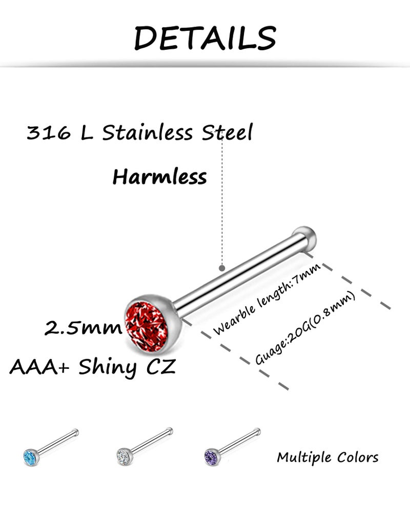 Tornito 100Pcs Stainless Steel Bone Nose Stud Hoop Nose Rings Set Multicolor Cubic Zirconia Body Nose Piercing Pin Jewelry 2.5mm 20G - Image 2