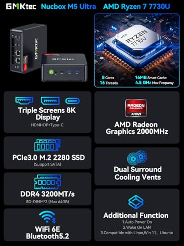 GMKtec جهاز GMKtec للألعاب - كمبيوتر صغير مكتبي بمعالج AMD Ryzen 7 7730U (تم الترقية من 7430U/5825U) 16GB DDR4 512GB NVME SSD واي فاي 6E واثنين من منافذ LAN 2.5GbE مع منافذ USB-C, DP, HDMI لعرض ثلاثي 4K - M5 Ultra - Image 2
