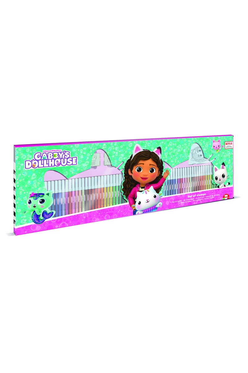 MULTIPRINT Gabby’s Dollhouse Mega Stationery Set – 60 Felt Tip Pens, 10 Pencil Crayons, 10 Wax Crayons, 6 Stamps, Ink Pad, Coloring Book, Notebook & 30 Stickers – Kids Creative Art Set - Image 1