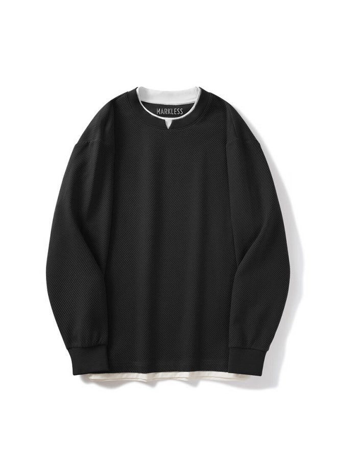 Markless Men's Autumn New Loose Fit Two-in-one Long Sleeve Sweatshirt 5406 Starry Black M - Image 3