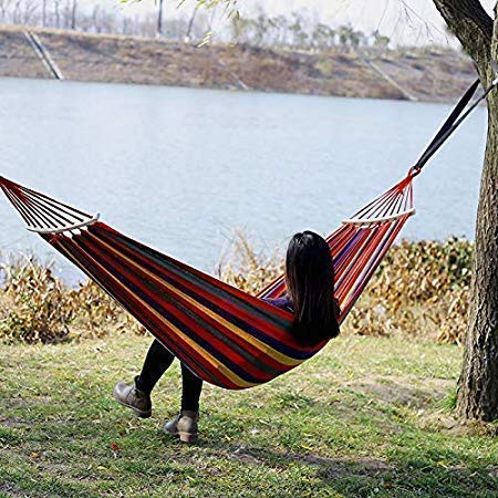 DIPDEY DIPDEY Wooden Stick Portable Swing Cotton Stripe With Strong Hammocks Rope Beach Sleeping Bed Backpack Spreader Bar Tree Hanging For Travel Garden Striped Ultralight Outdoor Jula Camping Hammock MulticolorSet 1  - Image 1
