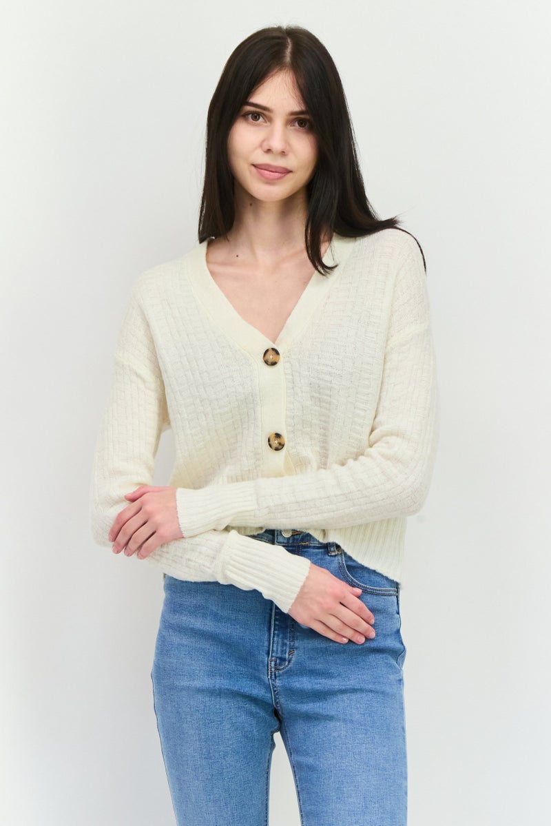 lager 157 Women V-Neck Long Sleeves Knitted Cardigans, Cream - Image 1