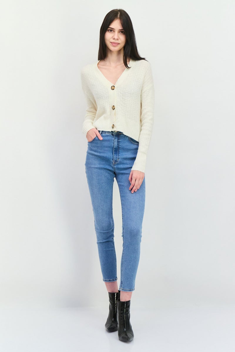 lager 157 Women V-Neck Long Sleeves Knitted Cardigans, Cream - Image 2