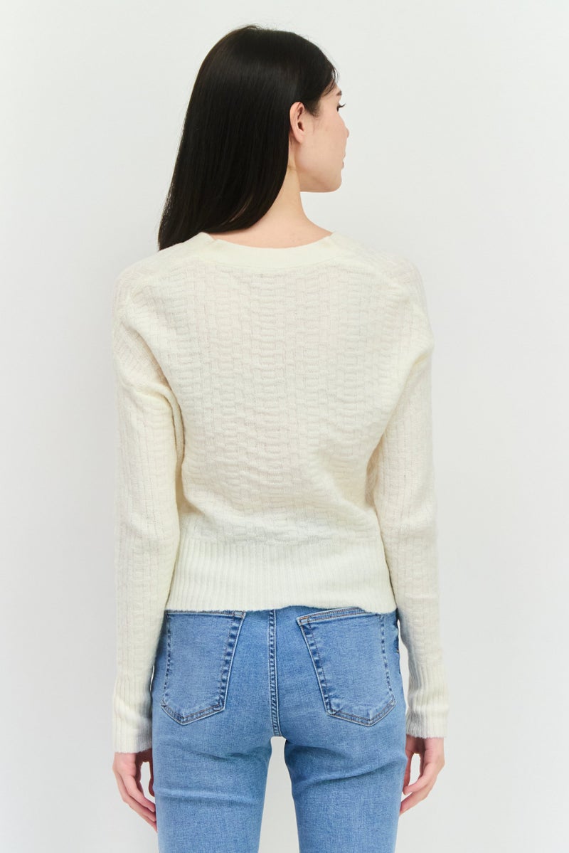 lager 157 Women V-Neck Long Sleeves Knitted Cardigans, Cream - Image 4