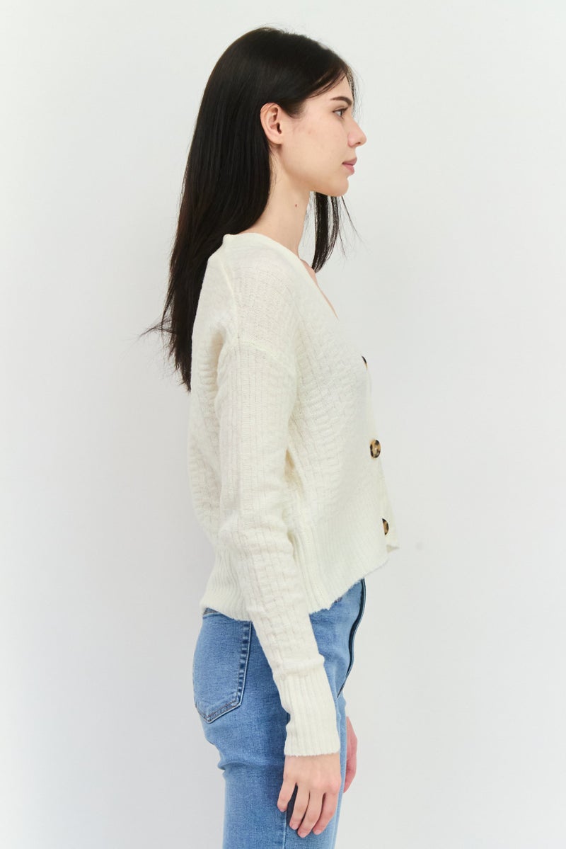 lager 157 Women V-Neck Long Sleeves Knitted Cardigans, Cream - Image 3