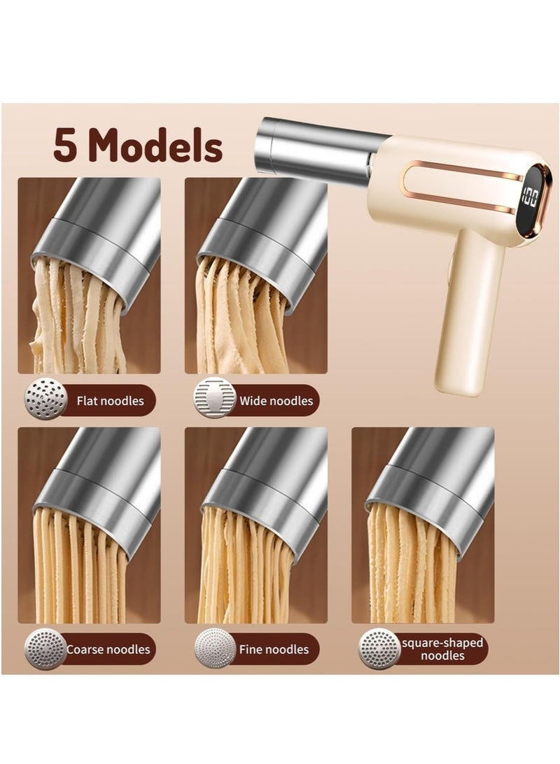 ميون صانعة معكرونة كهربائية محمولة، صانعة معكرونة لاسلكية 5 في 1 مع مؤشر طاقة، آلة معكرونة محمولة من الفولاذ المقاوم للصدأ، للمطبخ، معكرونة منزلية الصنع، لون بيج - Image 2