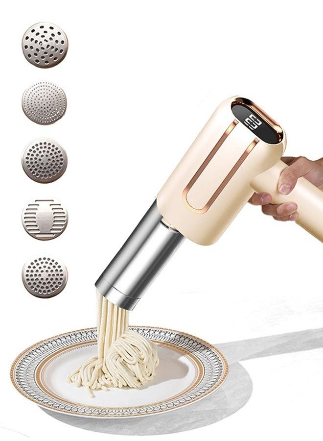 ميون صانعة معكرونة كهربائية محمولة، صانعة معكرونة لاسلكية 5 في 1 مع مؤشر طاقة، آلة معكرونة محمولة من الفولاذ المقاوم للصدأ، للمطبخ، معكرونة منزلية الصنع، لون بيج - Image 1