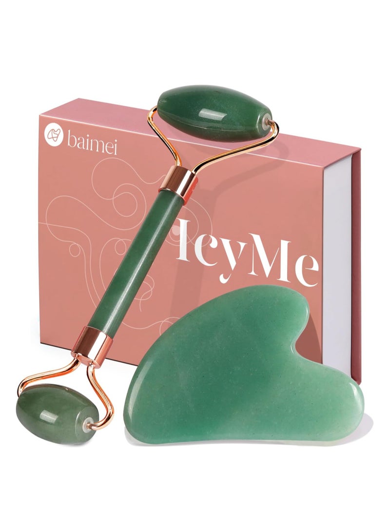 BAIMEI Jade Roller and Gua Sha Set Facial Roller and Gua Sha Facial Tools for Daily Skin Care and De-puffing, Self-Care Gift for Men and Women, Green Aventurine - Image 1