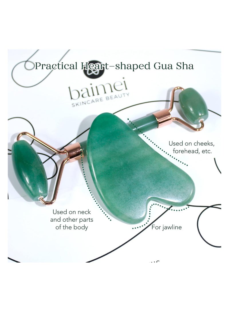BAIMEI Jade Roller and Gua Sha Set Facial Roller and Gua Sha Facial Tools for Daily Skin Care and De-puffing, Self-Care Gift for Men and Women, Green Aventurine - Image 3