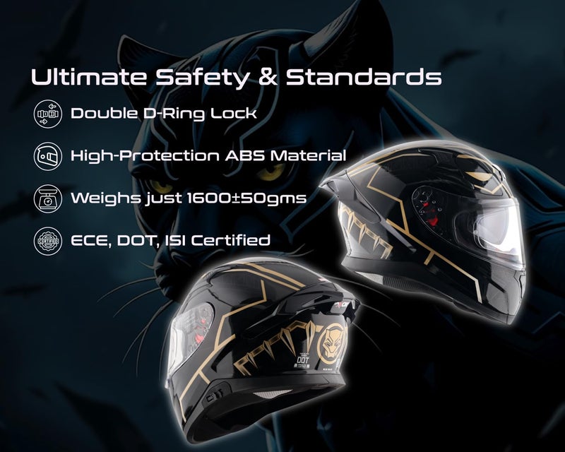 Axor Apex Marvel Black Panther ISI ECE and DOT Certified Full Face Helmet for Men and Women with Dual Visors-Black Gold-XL - Image 4