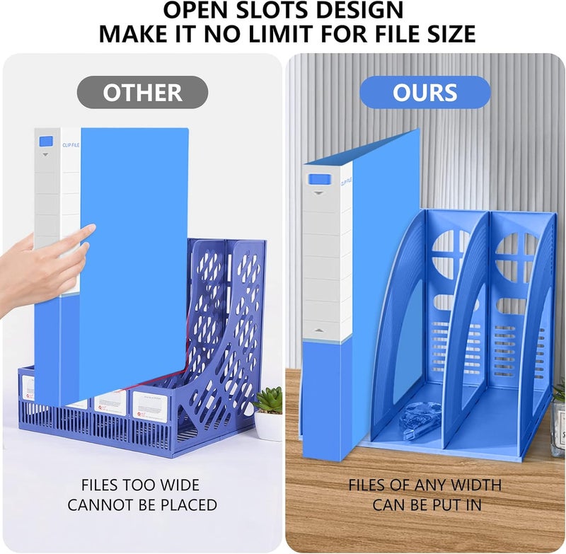 SAYEEC File Holders Folder Magazine Storage Holder Binder Stand 3 Compartment Blue Standing Files Bookshelf Organizer Magazines Divider Black Holds Documents for School Working Students - Image 4