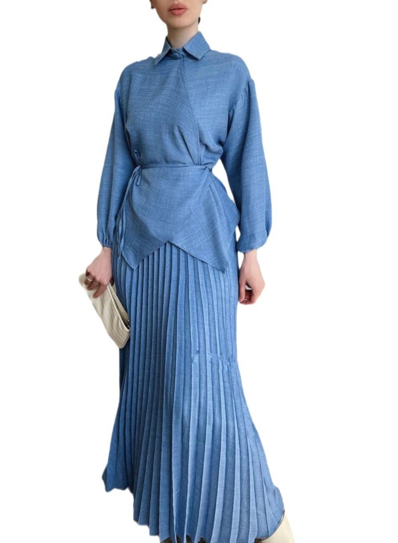 Shougu Temperament Lace Up Shirt Pleated Skirt Casual Two-piece Set - Image 1