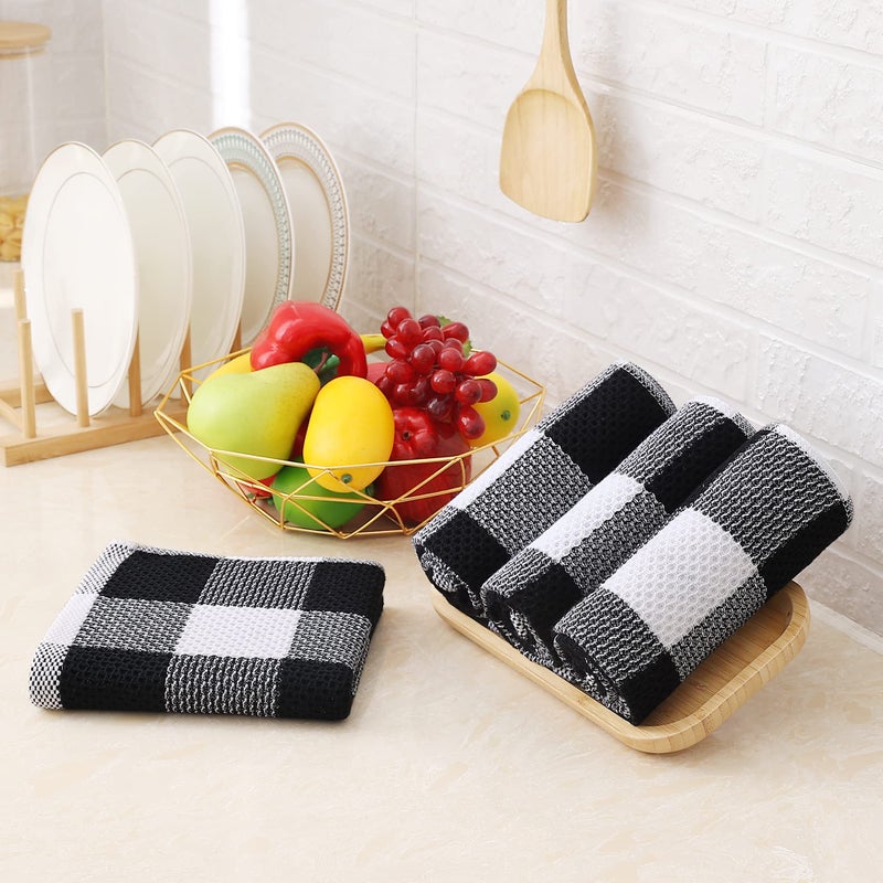Homaxy 100% Cotton Waffle Weave Check Plaid Kitchen Towels, 13 x 28 Inches, Super Soft and Absorbent Dish Towels for Drying Dishes, 4-Pack, White & Black - Image 5