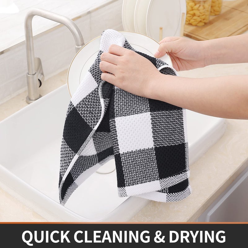 Homaxy 100% Cotton Waffle Weave Check Plaid Kitchen Towels, 13 x 28 Inches, Super Soft and Absorbent Dish Towels for Drying Dishes, 4-Pack, White & Black - Image 3