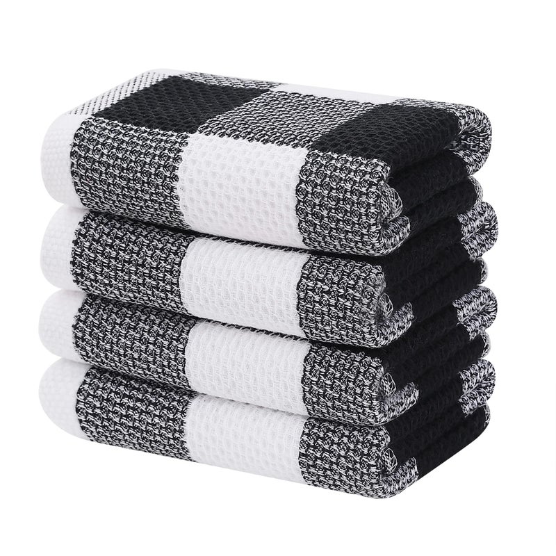 Homaxy 100% Cotton Waffle Weave Check Plaid Kitchen Towels, 13 x 28 Inches, Super Soft and Absorbent Dish Towels for Drying Dishes, 4-Pack, White & Black - Image 1