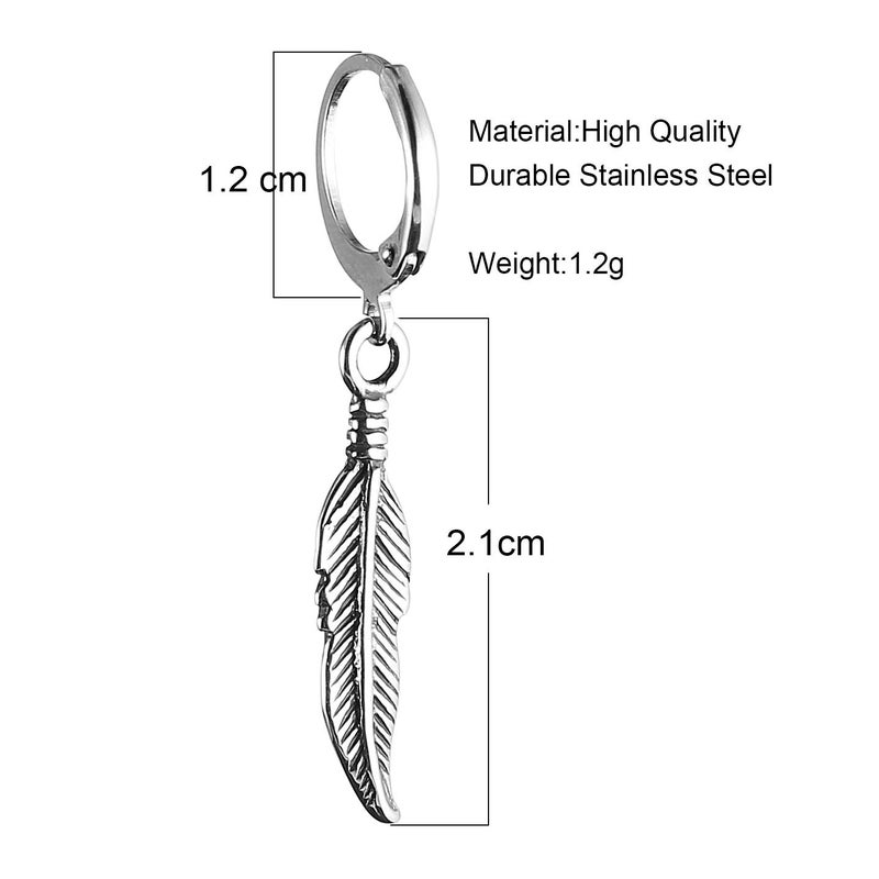 HZMAN Bike Punk Stainless Steel Feather Design Hoop Earrings, Christmas Thanksgiving New Year Wedding Gift (Feather Design Silver) - Image 3