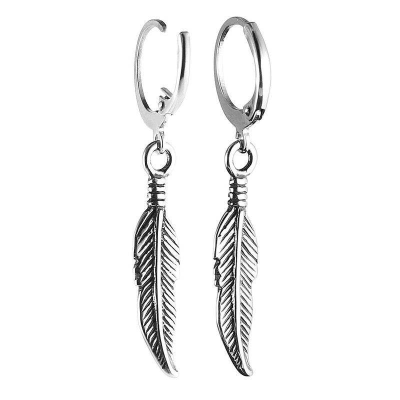 HZMAN Bike Punk Stainless Steel Feather Design Hoop Earrings, Christmas Thanksgiving New Year Wedding Gift (Feather Design Silver) - Image 1