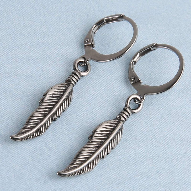 HZMAN Bike Punk Stainless Steel Feather Design Hoop Earrings, Christmas Thanksgiving New Year Wedding Gift (Feather Design Silver) - Image 5