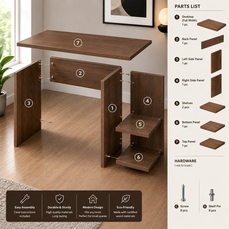 Studying Brown Desk staylish Computer for SmalLSpaces for Bedroom or Office | Side Storage Shelves, Space Saving - Image 5