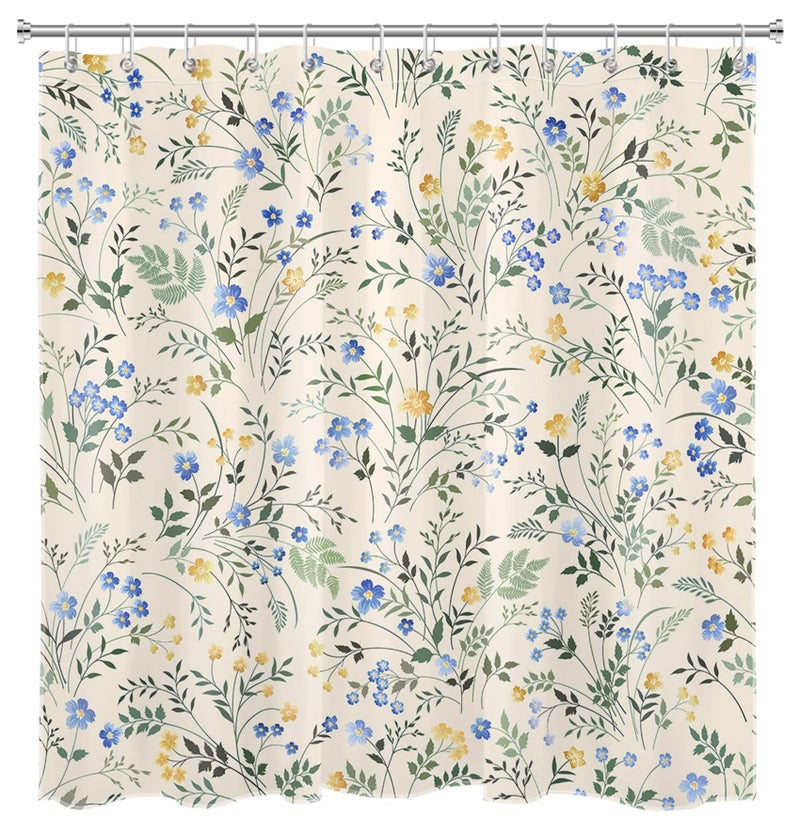 LB Country Wildflower Shower Curtain Decor Blue and Yellow Floral Green Leaf Plant on Beige Shower Curtain for Bathroom 72X72 inch Polyester Fabric Bathroom Decoration Bath Curtains Hooks Included - Image 4