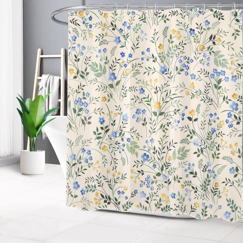 LB Country Wildflower Shower Curtain Decor Blue and Yellow Floral Green Leaf Plant on Beige Shower Curtain for Bathroom 72X72 inch Polyester Fabric Bathroom Decoration Bath Curtains Hooks Included - Image 2