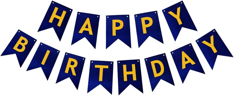 SOI Dark Blue Happy Birthday Gold Embedded Letters Banner Set with Ribbon (Navy Blue) - Image 1