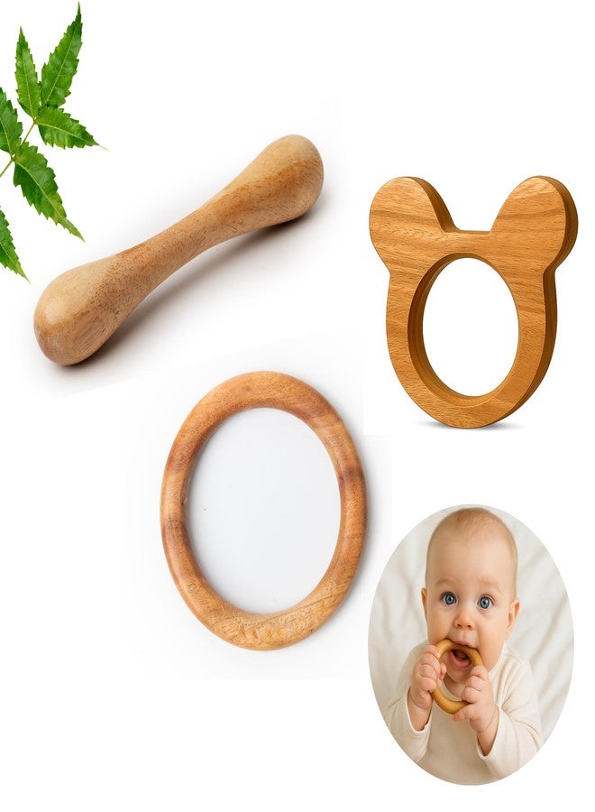 WoCra® Neem Wood Baby Teether Combo Set - Mickey Mouse Ring Dumbbell Shaped Natural Wooden Teething Toys for Babies , Toddlers & Infants 3-12 Months - Organic Hand Crafted, Disney Inspired Chemical-Free Montessori Sensory Toys (Pack of 3) - Image 1