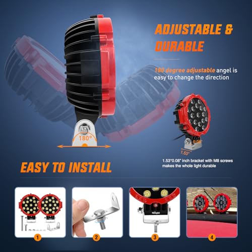 Nilight - 15023FR-B Led Light Bar 2PCS 7" 51w 5100LM Red Round Flood Light Pod Off Road Fog Driving Roof Bar Bumper for Jeep,SUV Truck, Hunters, 2 Years Warranty - Image 5