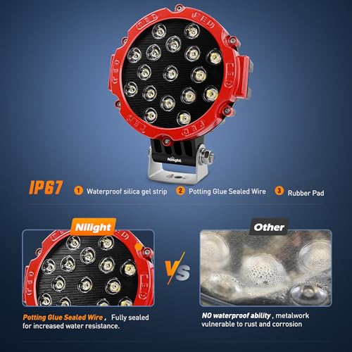Nilight - 15023FR-B Led Light Bar 2PCS 7" 51w 5100LM Red Round Flood Light Pod Off Road Fog Driving Roof Bar Bumper for Jeep,SUV Truck, Hunters, 2 Years Warranty - Image 4