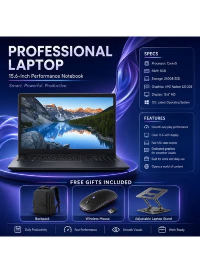 Business Laptop 15.6 Inch Display, Intel Core i5 Processor, 8GB RAM, 240GB SSD Storage, Dedicated 2GB Graphics, Productivity Laptop with Laptop Stand, Mouse and Carrying Bag for Work and Daily Use - Image 1