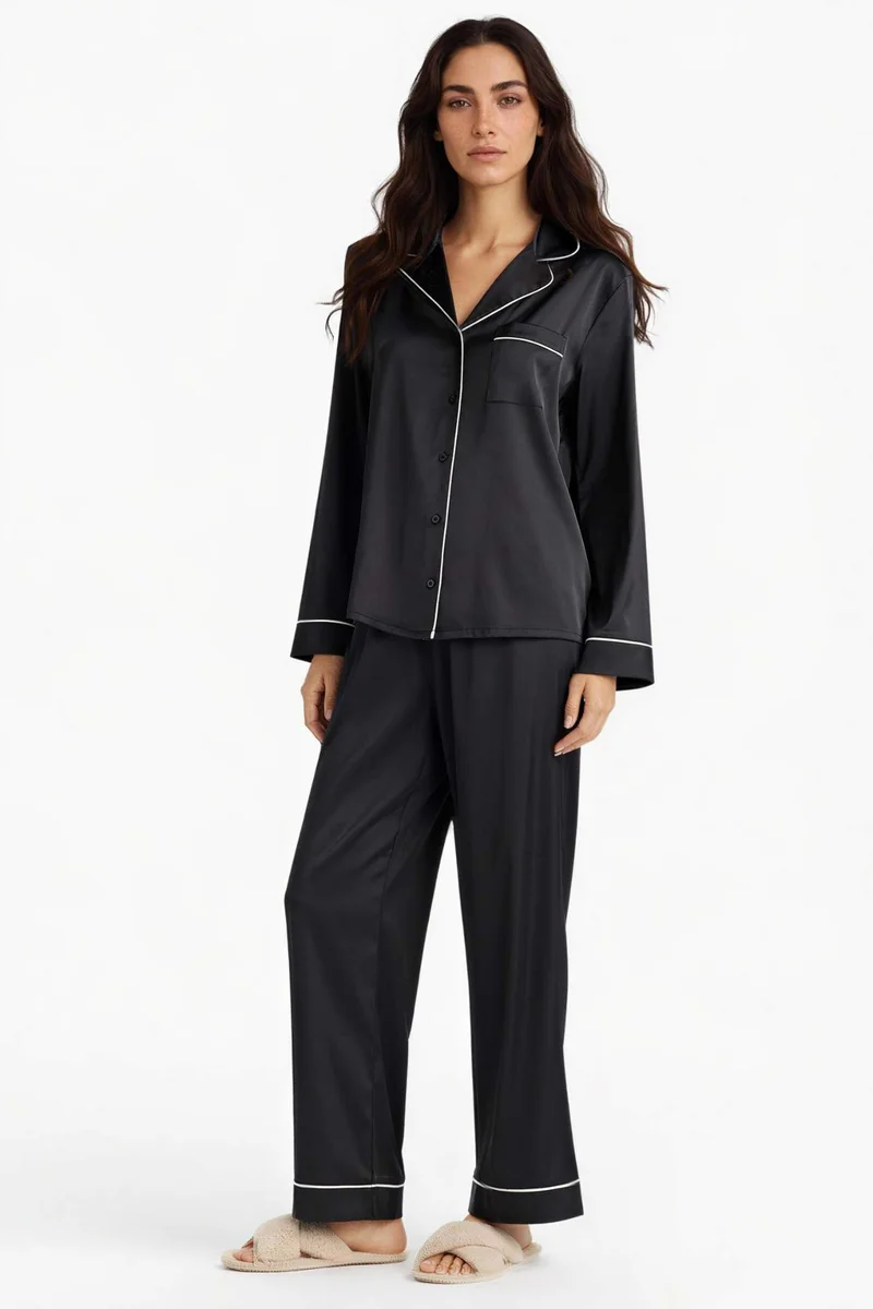 ديفاكتو Regular Fit Satin Top Bottom 2 Piece Pajama Set