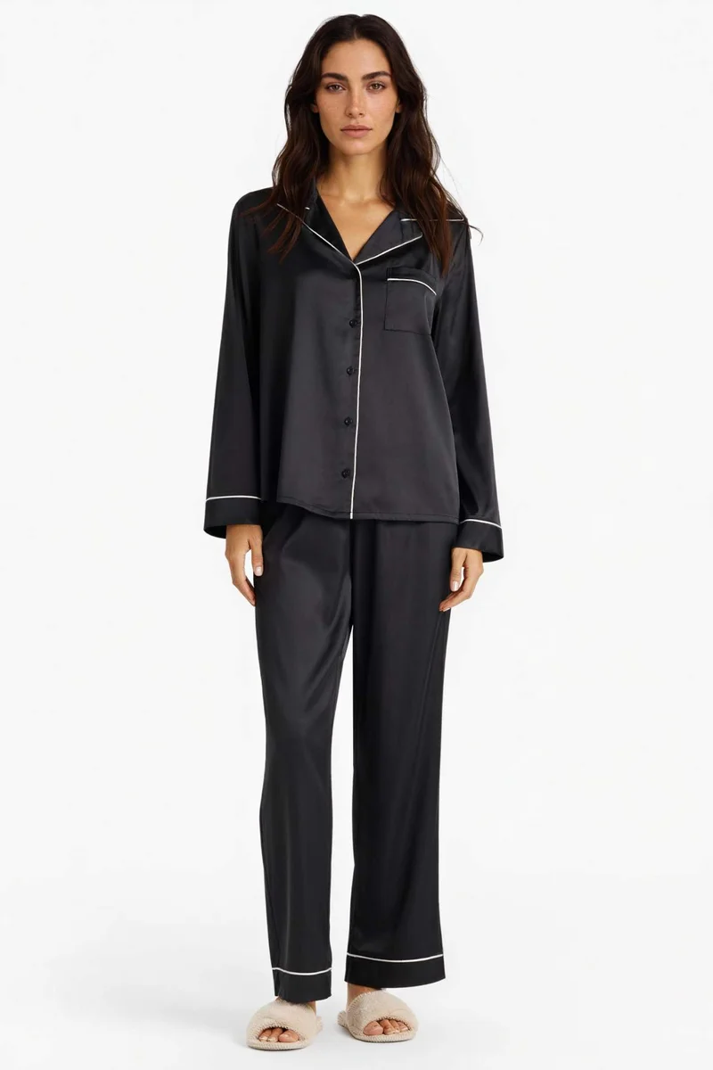 ديفاكتو Regular Fit Satin Top Bottom 2 Piece Pajama Set