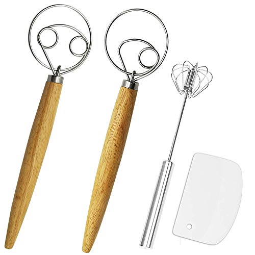 Listenman ​Listenman Danish Dough Whisk Bread Mixer & Egg Whisk Kits, 2 Pack Premium Stainless Steel Dutch & 1 Pack Hand Push Rotary Blender for Pastry Pizza Dough, with a Dough Scraper for Bread​ - Image 1