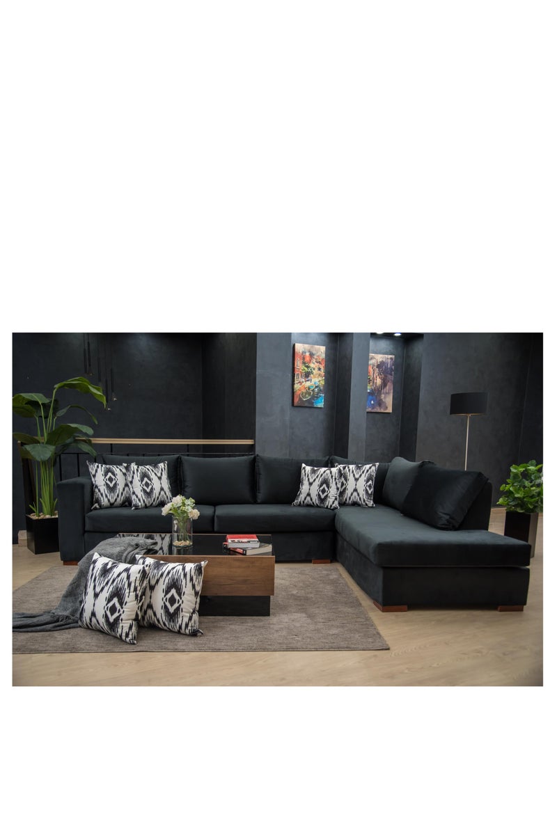 ركنة مودرن حرف L بتنجيد قطيفة فخم – مقاس 300×200×90 سم – خشب زان أحمر