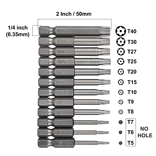 SeonFook 12PCS T5-T40 Torx Screwdriver Bit Set S2 Steel Magnetic Tamper Proof Star Security Torx Head Screwdriver Bits 1/4 Inch Hex Shank Screw Driver Drill Bit Tool Kit [2 Inch/50mm Length] - Image 2