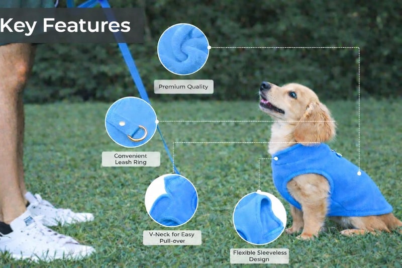Jacko & Co - Fleece Vest Sweater with Leash Ring - 100% Cotton - for Puppies and Small to Medium Dogs, Kitten, Cats, Chihuahua - Warm for Fall/Autumn and Winter- Blue/Pink/Green/Grey/Black (Blue, M) - Image 3