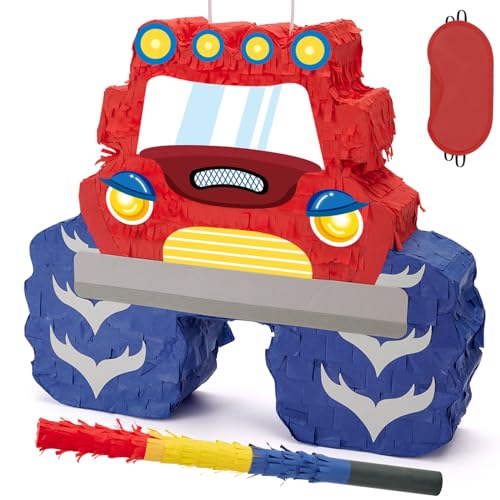WERNNSAI Truck Piata Monster Truck Piata Bundle with Blindfold and Bat for Boys Kids Theme Party Decoration Supplies Cool Car for Birthday Party Carnival Celebration Game - Image 1