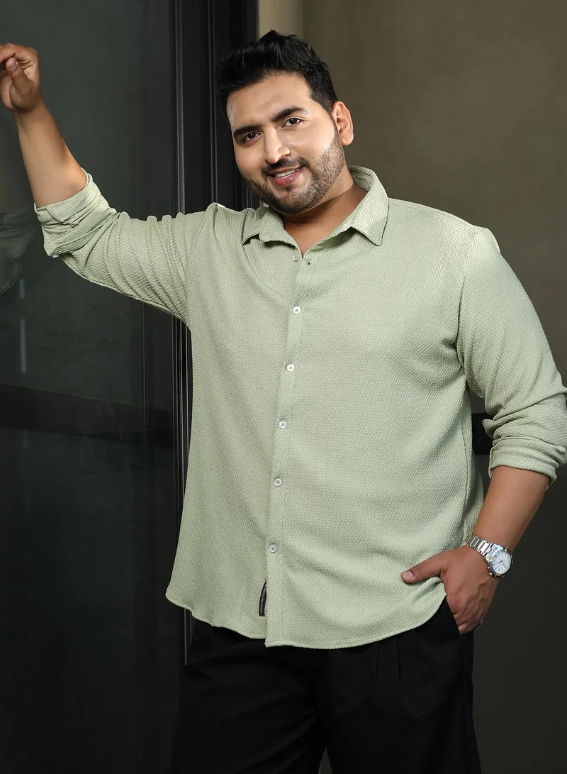 Instafab Plus Instafab Plus Men's Mint Green Weave-Tactile Shirt For Casual Wear | Spread Collar | Long Cuffed Sleeves | Button Closure | Plus Size Shirt Crafted With Comfort Fit For Everyday Wear