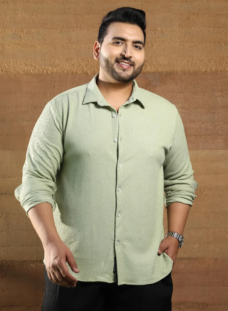 Instafab Plus Instafab Plus Men's Mint Green Weave-Tactile Shirt For Casual Wear | Spread Collar | Long Cuffed Sleeves | Button Closure | Plus Size Shirt Crafted With Comfort Fit For Everyday Wear