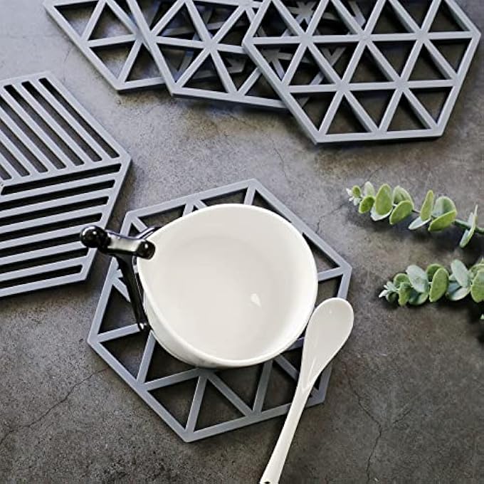 LogHog 4 Pack Silicone Trivet Mats Geometric Figure Heatproof Hot Pads Pot Holder Non Slip Flexible Durable Heat Resistant Coaster Kitchen Countertop Table Mats TriangleGrey - Image 4