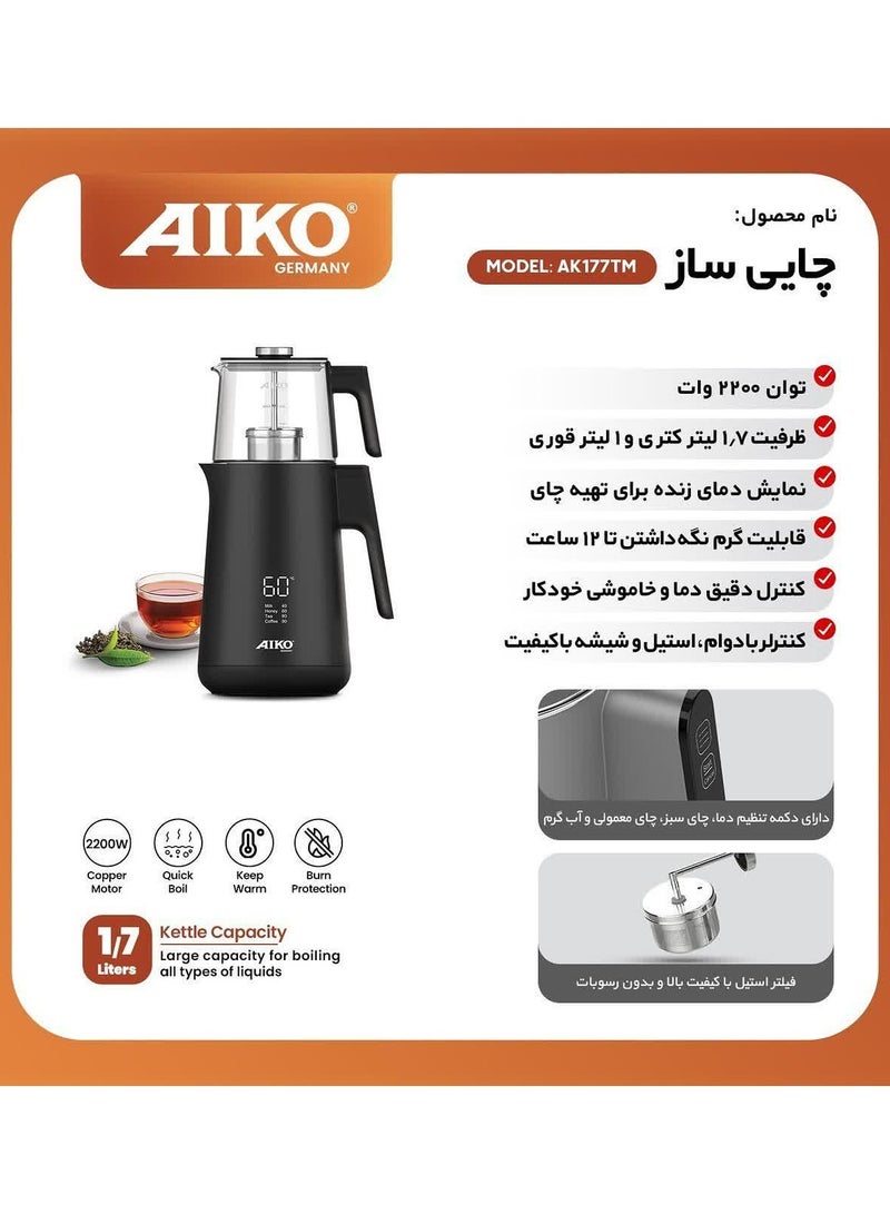 Aiko AK177TM Stainless Steel Body Beautiful Design Tea coffee Maker 2200 Watt Steel Filter Capacity 2 Liters Teapot Temperature Live Display, Shatterproof Glass Teapot - Image 2