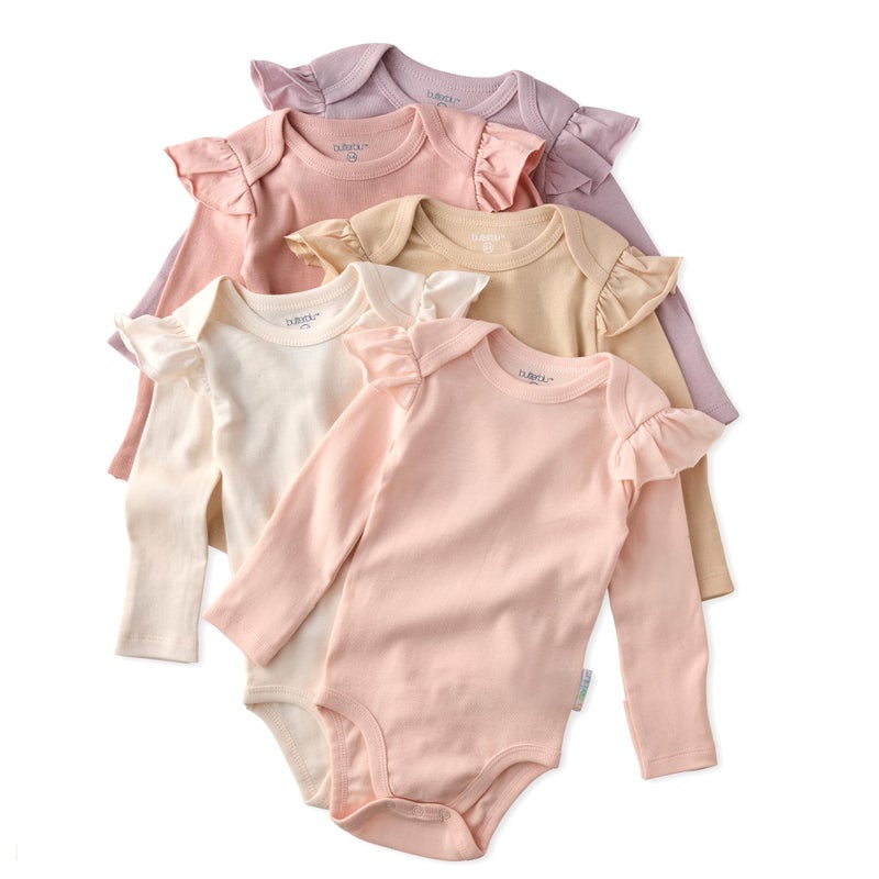 Butterblu Ashley 5-Pack Long Sleeve Ruffle Shoulder Bodysuits 100% Organic for Baby Girls, Sorbet, Newborn - Image 1