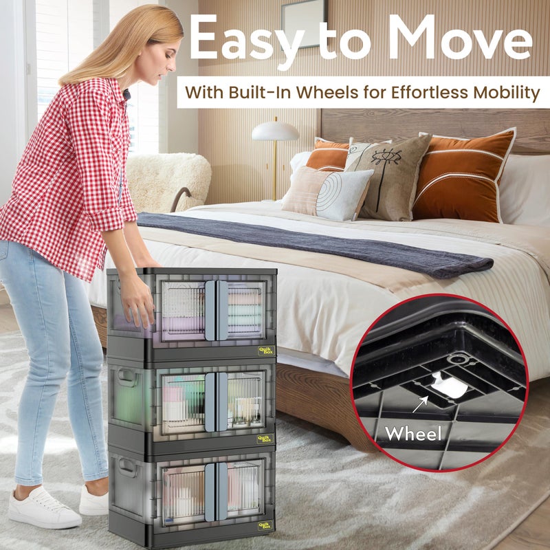 dbest products Quik Box - 8.5 Gallon 3-Pack Stackable Storage Bins with Doors & Wheels - Collapsible Organizer for Dorms, Bedroom & Home - Durable Polystyrene - Black - Image 3