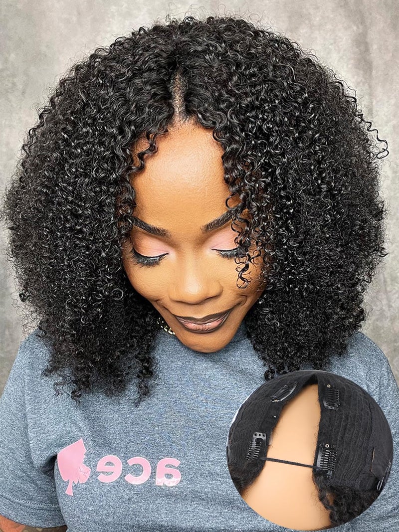ISEE V Part Human Hair Kinky Curly Minimal/No Leave Out Upgrade U Part Wig for Black Women V Shape Kinky Curly Thin Part Glueless Clip In Half Wig 180% Density Natural Color 14 Inch - Image 1