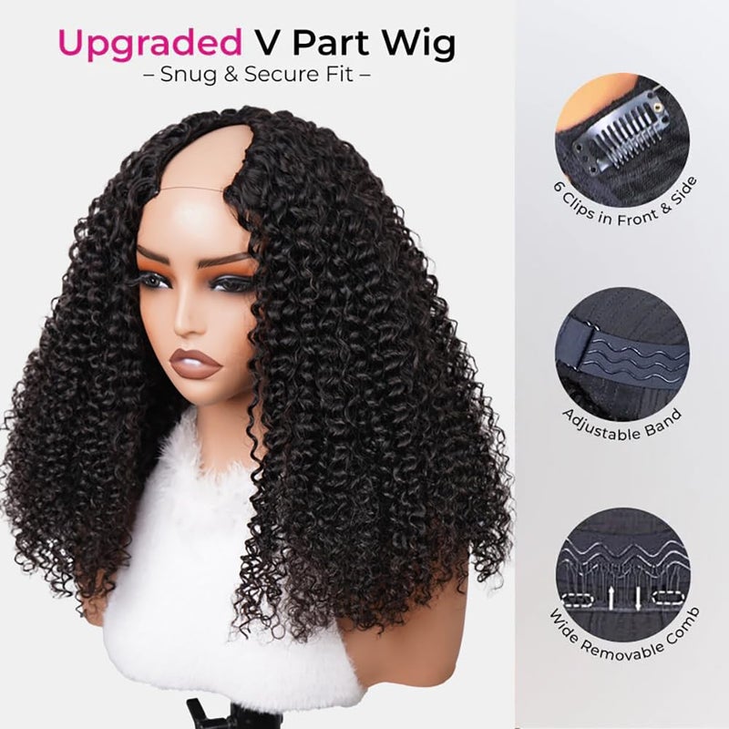 ISEE V Part Human Hair Kinky Curly Minimal/No Leave Out Upgrade U Part Wig for Black Women V Shape Kinky Curly Thin Part Glueless Clip In Half Wig 180% Density Natural Color 14 Inch - Image 4